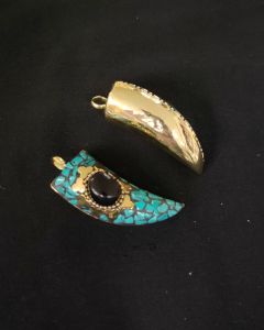 Tibetan Horn Shaped Pendant, Sea Green And Black Stone With Gold Designs