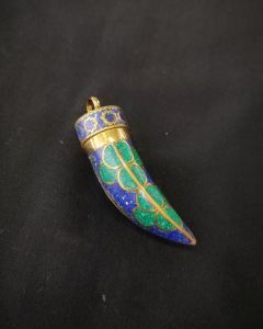 Tibetan Horn Shaped Pendant, Blue And Green With Gold Designs