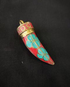 Tibetan Horn Shaped Pendant, Red And Sea Green With Gold Designs