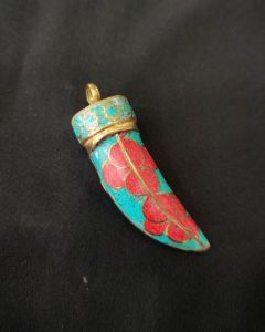Tibetan Horn Shaped Pendant, Sea Green And Red With Gold Designs