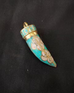 Tibetan Horn Shaped Pendant, Sea Green And Grey With Gold Designs