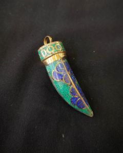Tibetan Horn Shaped Pendant, Sea Green And Blue With Gold Designs