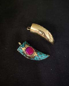 Tibetan Horn Shaped Pendant, Sea Green With Pink Stone And Gold Designs