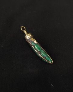 Tibetan Horn Shaped Pendant, Green With Gold Designs