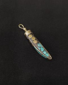Tibetan Horn Shaped Pendant, Sea Green With Gold Designs