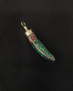 Tibetan Horn Shaped Pendant, Green With Gold Designs
