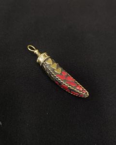 Tibetan Horn Shaped Pendant, Red With Gold Designs