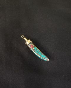 Tibetan Horn Shaped Pendant, Green With Gold Designs