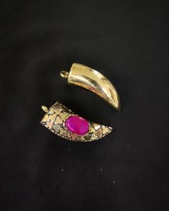 Tibetan Horn Shaped Pendant, Pink Stone With Gold Designs
