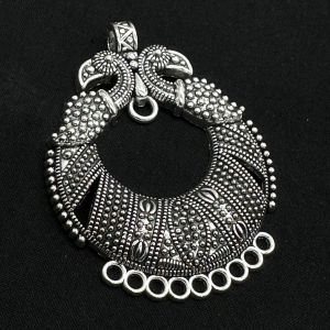 Antique Silver Metal Pendant, Peacock (Round) With 9 Holes