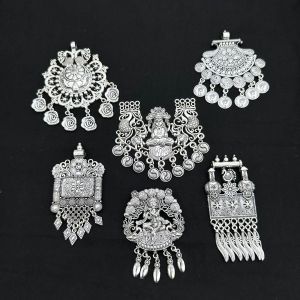 Antique Silver Metal Pendant With Charms, Assorted, Pack Of 6 Pcs
