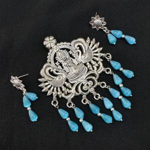 oxidised pendant with Monolisa drops and matching earrings, (Blue )