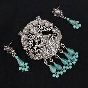 oxidised pendant with Monolisa drops and matching earrings, (Sea Green)