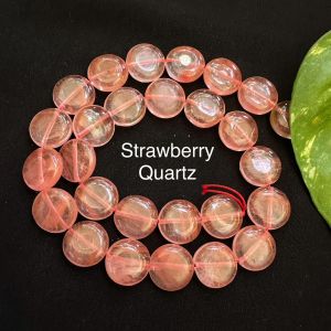 Coin shape gemstone beads, 15mm Strawberry Quartz