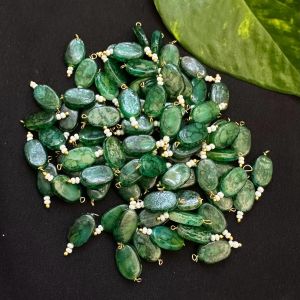 Printed Flat Oval Glass Beads Loreals, Green , Pack Of 50 Pcs