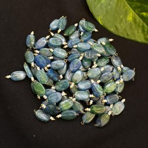 Printed Flat Oval Glass Beads Loreals, Blue and Green , Pack Of 50 Pcs