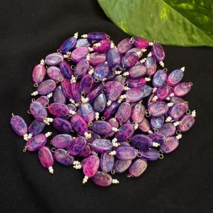 Printed Flat Oval Glass Beads Loreals, Purple And Pink , Pack Of 50 Pcs