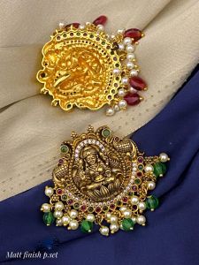 Antique Gold Pendant, Hook type Pendant, Lakshmi, Green