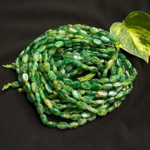 Printed Oval Glass Beads, Green And Yellow