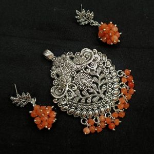 Oxidised pendant with Agate drops and matching earrings, (Orange )