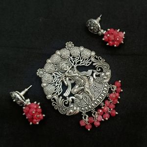 Oxidised pendant with Agate drops and matching earrings, (Peach)