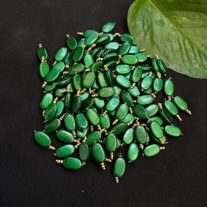 Flat Oval Glass (Pearlish Metallic) Beads Loreals, Golden (Dark Green), Pack Of 50 Pcs(Gold finish)