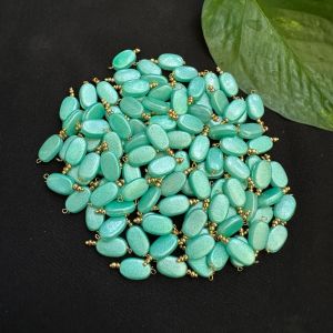 Flat Oval Glass (Pearlish Metallic) Beads Loreals, Golden (Sea Green), Pack Of 50 Pcs(Gold finish)