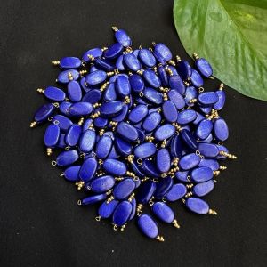 Flat Oval Glass (Pearlish Metallic) Beads Loreals, Golden (Blue), Pack Of 50 Pcs(Gold finish)