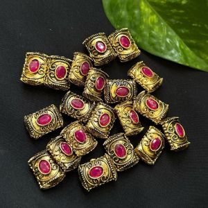 Victorian Beads, Antique Gold, Rectangle (Oval),Pink Stone