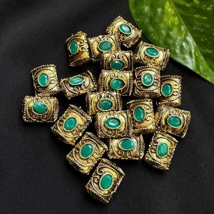 Victorian Beads, Antique Gold, Rectangle (Oval),Green Stone