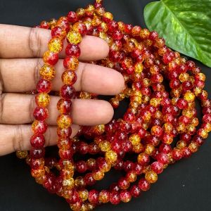 Crackle Glass Beads, 8mm Round, Red with Yellow