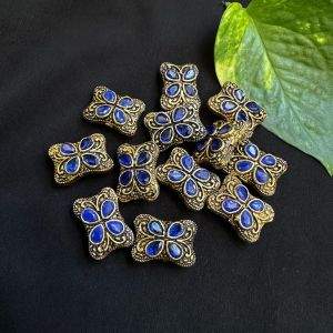 Victorian Beads, Antique Gold, Rectangle (Teardrop), 4 Stone,Blue