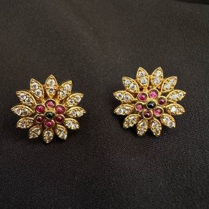 CZ stone Stud, Flower,Pink with Green