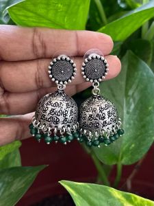 German Silver Tamil Jhumkas With Stud ( Green Agate )