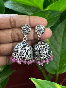 German Silver Tamil Jhumkas With Antique Silver Stud, Pink