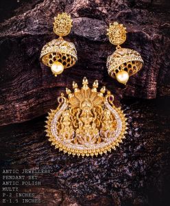 Antique Finish CZ stone Lakshmi Pendant set with Jhumka with Lakshmi stud