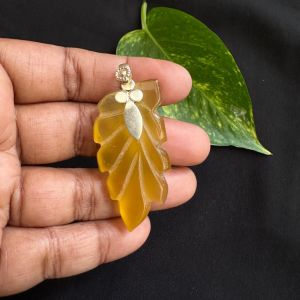 Onyx Carving Leaf Pendant, Silver finish, Yellow