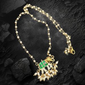 Jadau Elephant With Pearl Chains, Green