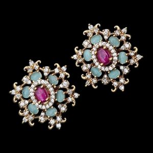 Cz Stone Flower Earrings,Sea Green