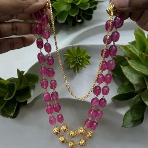 2 Layer Quartz Necklace With Antique Gold Beads, Dark Pink