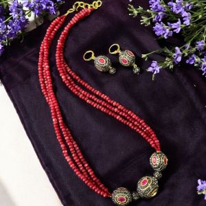 3 Layer Agate necklace with Victorian beads,Red
