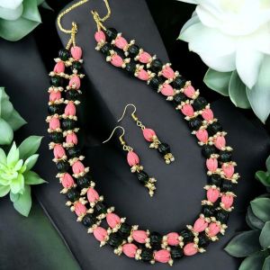 Pumpkin glass beads with tulip beads Necklace with Earrings