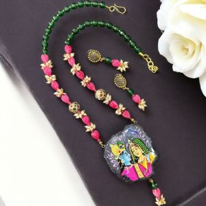 Hand Painted Radha Krishna Pendant Necklace With Coral Tulips 