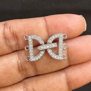 Zircon Stone Clasp, D shape, 3 strand, Silver Finish, Sold by 1 piece