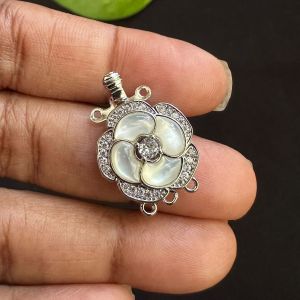 Zircon Stone Clasp, Box type, Flower, 3 strand, Silver Finish, Sold by 1 piece