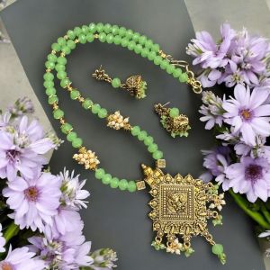 Crystals with oxidised gold pendant Necklace with Jhumkas