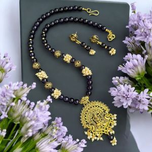 Dark Violet Glass beads with oxidised gold pendant Necklace with earrings