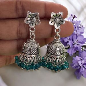 German Silver Jhumkas, Peacock Blue