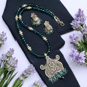 Crystals with oxidised silver pendant Necklace with Jhumkas