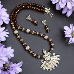 Crystals with oxidised silver pendant Necklace with Earrings